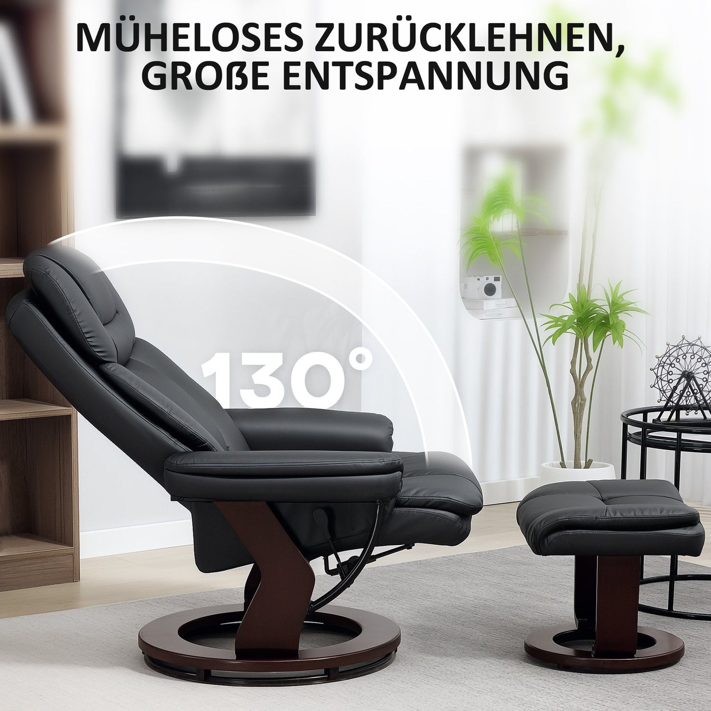 Recliner Chair with Ottoman, Faux Leather, Black, Adjustable