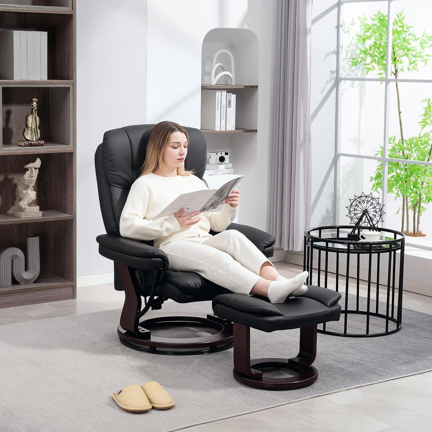 Recliner Chair with Ottoman, Faux Leather, Black, Adjustable