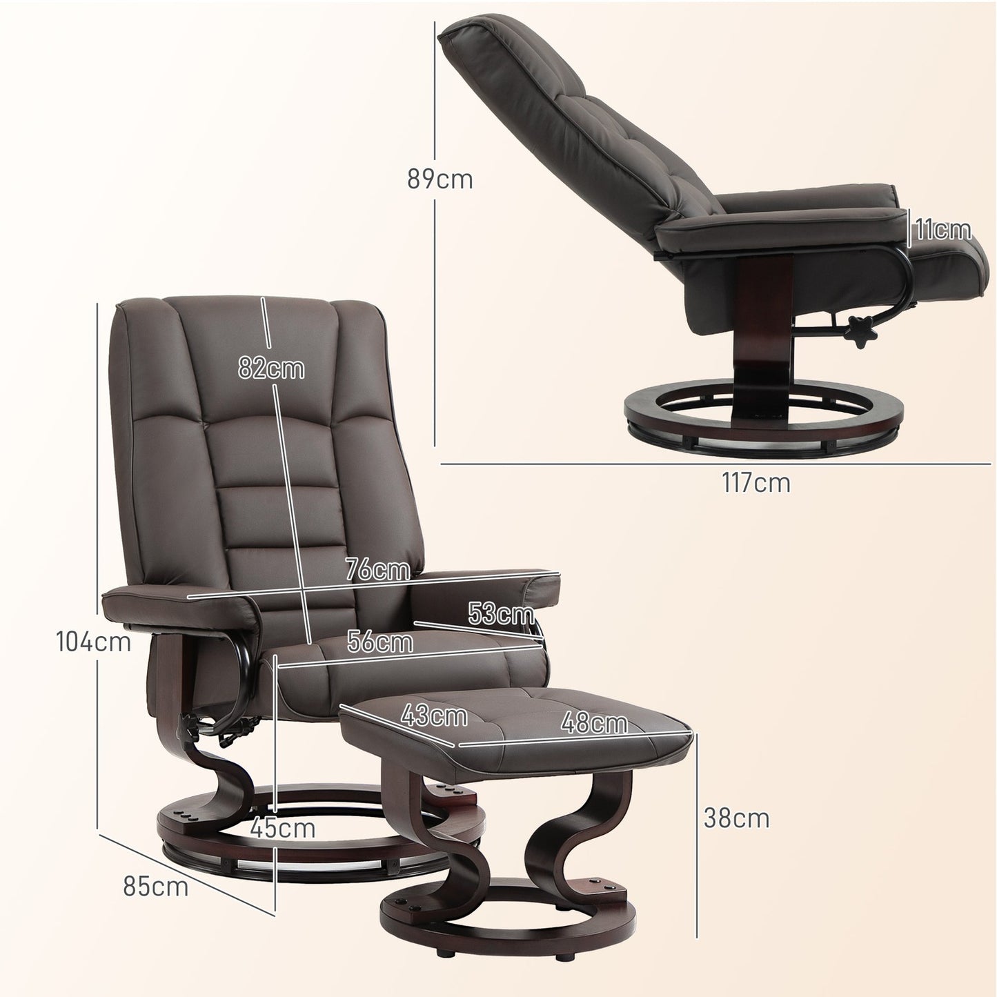 Recliner chair with footstool, swivel and tilt, faux leather cover, up to 150 kg, wooden frame, brown