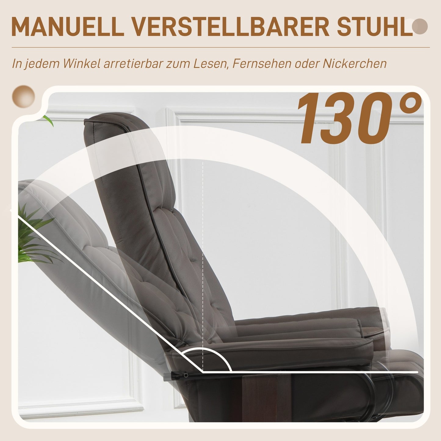 Recliner chair with footstool, swivel and tilt, faux leather cover, up to 150 kg, wooden frame, brown