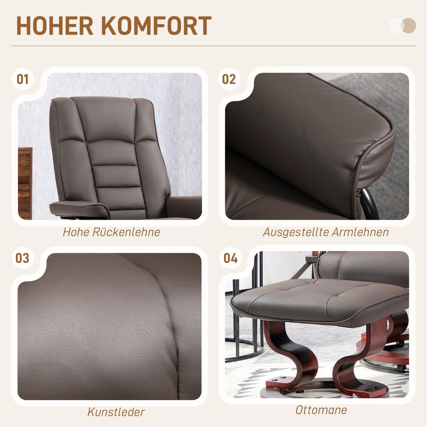 Recliner chair with footstool, swivel and tilt, faux leather cover, up to 150 kg, wooden frame, brown