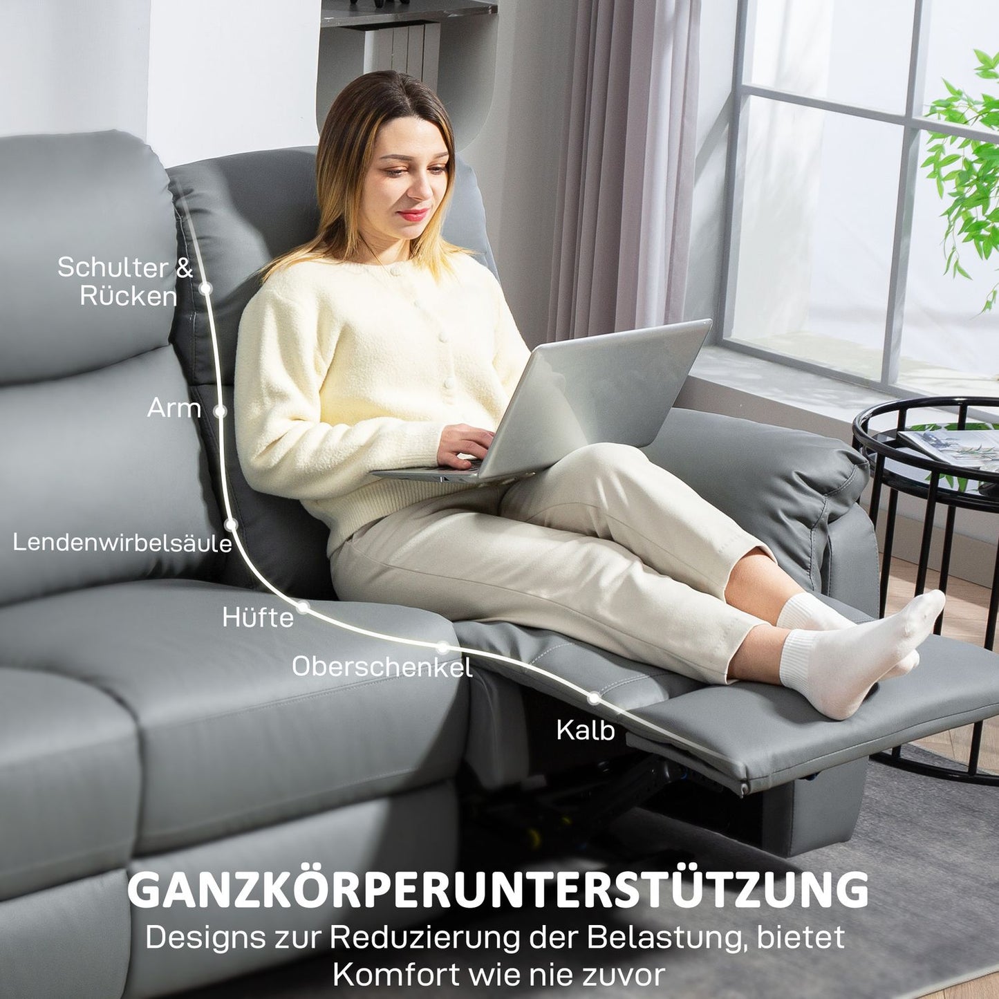 Reclining 3-Seater Sofa, Faux Leather, Dark Grey