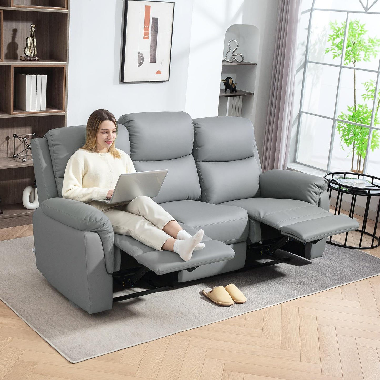 Reclining 3-Seater Sofa, Faux Leather, Dark Grey