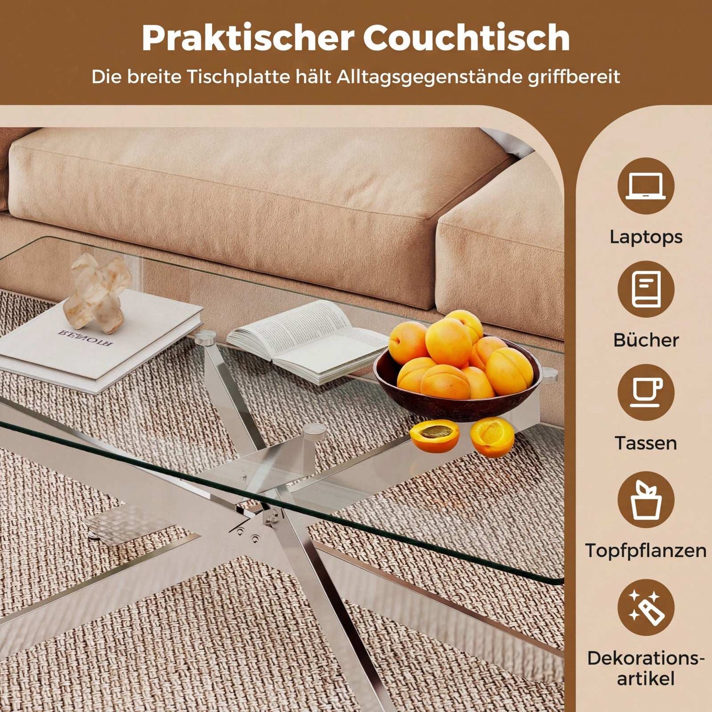 Rectangular Glass Coffee Table, Tempered Glass, 120x60 cm