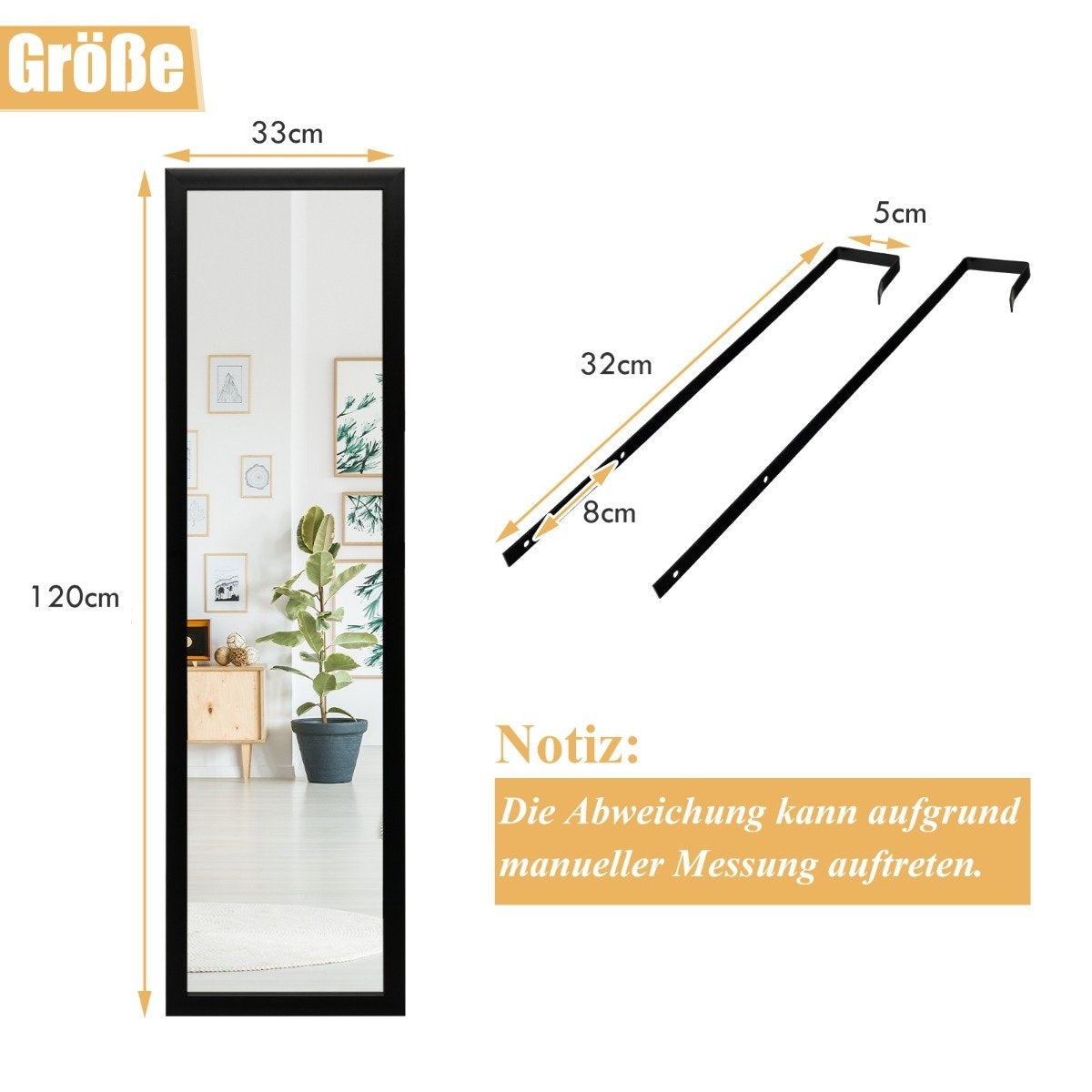 Rectangular full-length mirror with hanging hook for door 33x119cm black