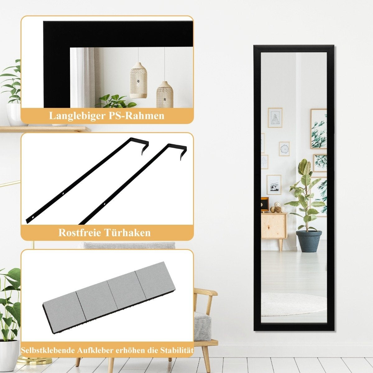 Rectangular full-length mirror with hanging hook for door 33x119cm black