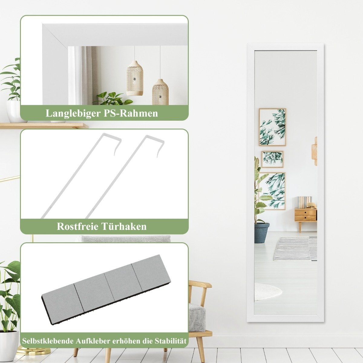 Rectangular full-length mirror with hanging hook for door 33x119cm white