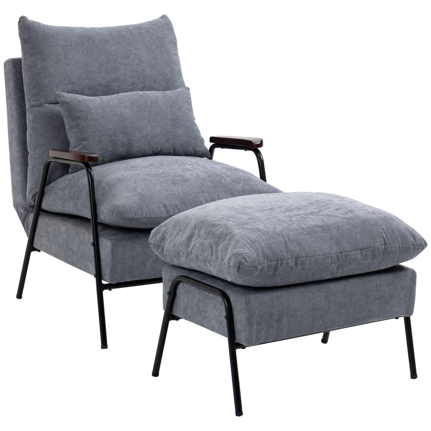 Reclining gray armchair with adjustable backrest and ottoman