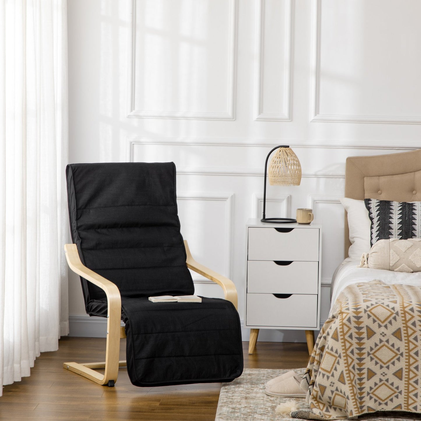 Relaxation chair with adjustable footrest, linen, black