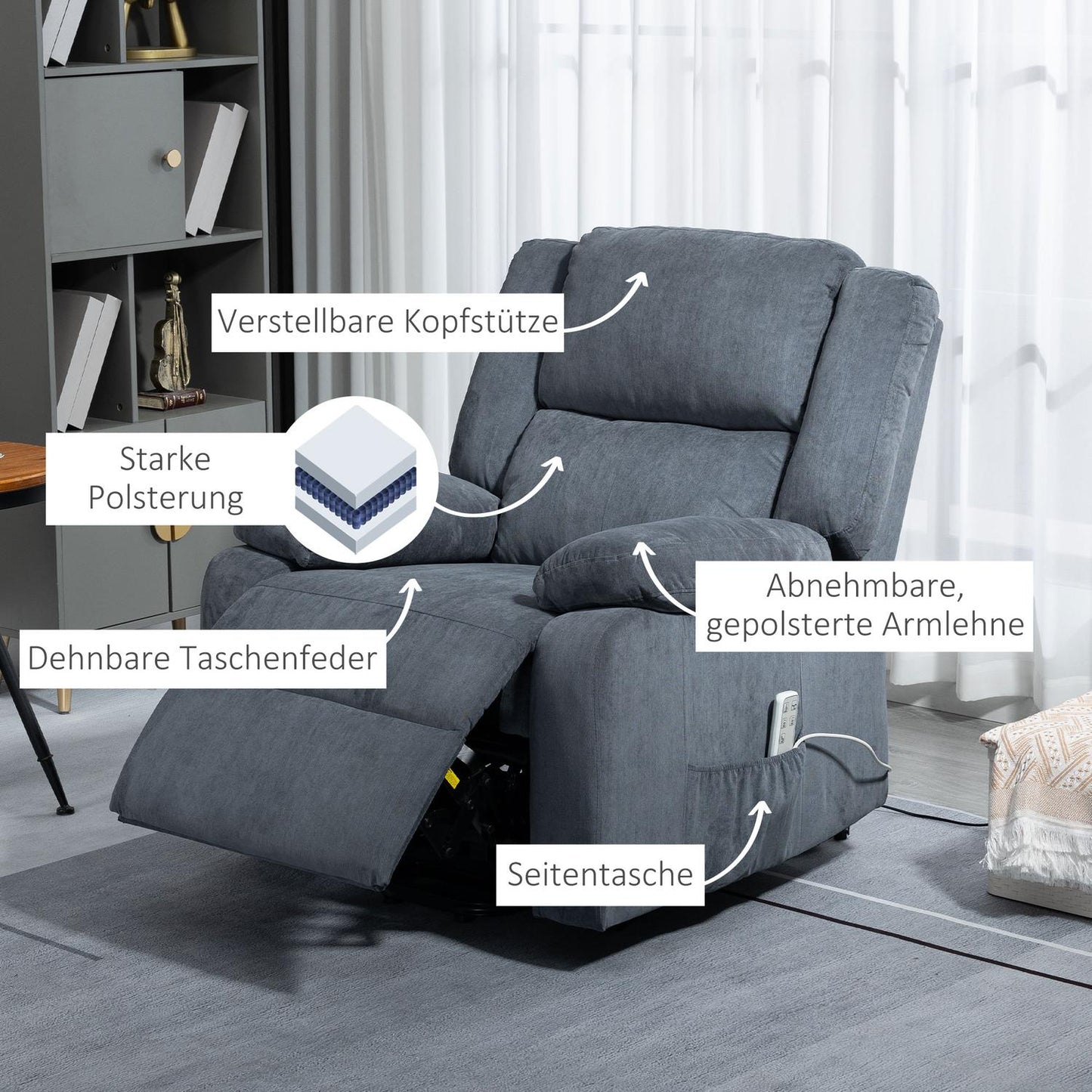 Electric recliner, velvet grey, 92 x 93 x 105 Cm
