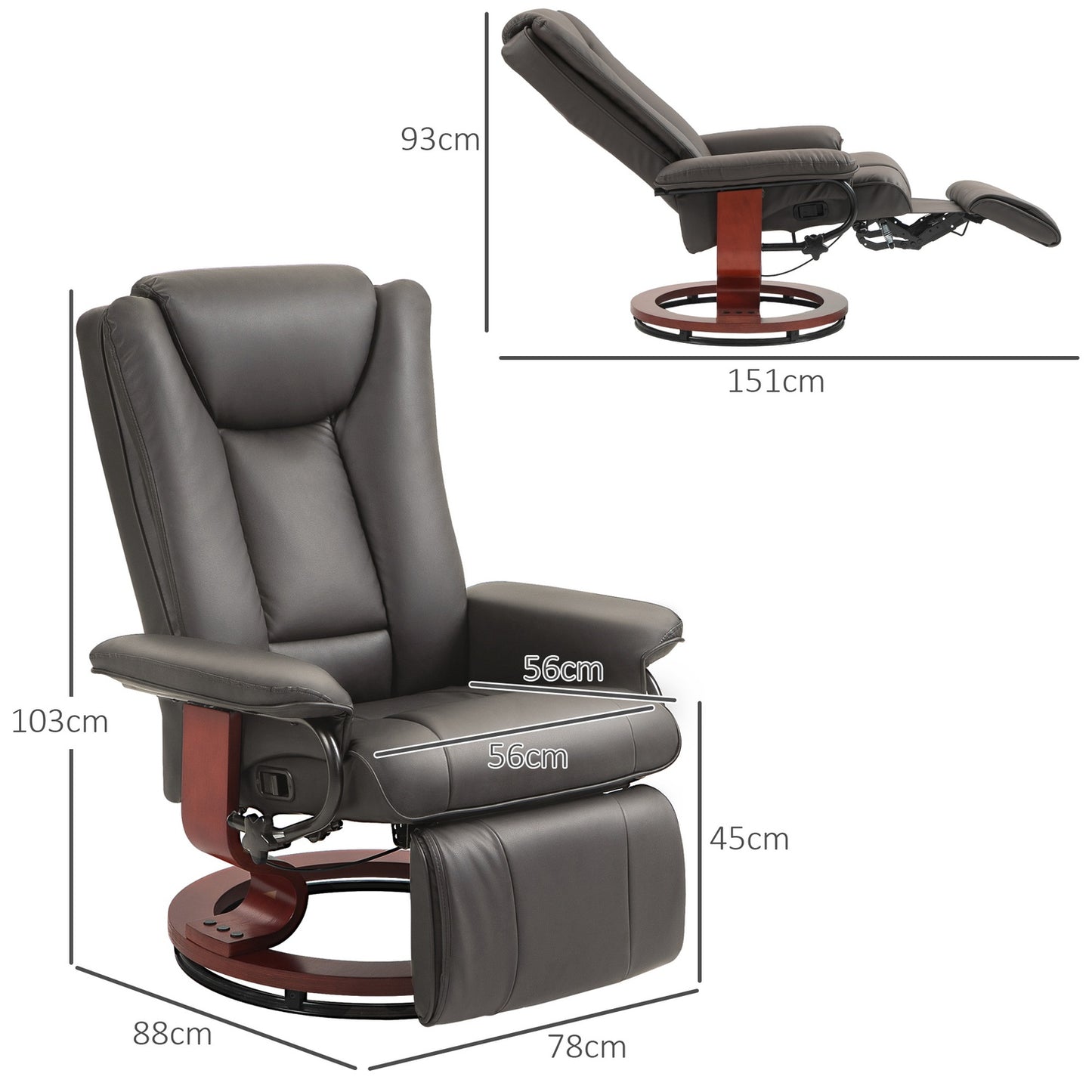 Reclining TV chair in artificial leather, Rotating, Brown, 150 kg Capacity