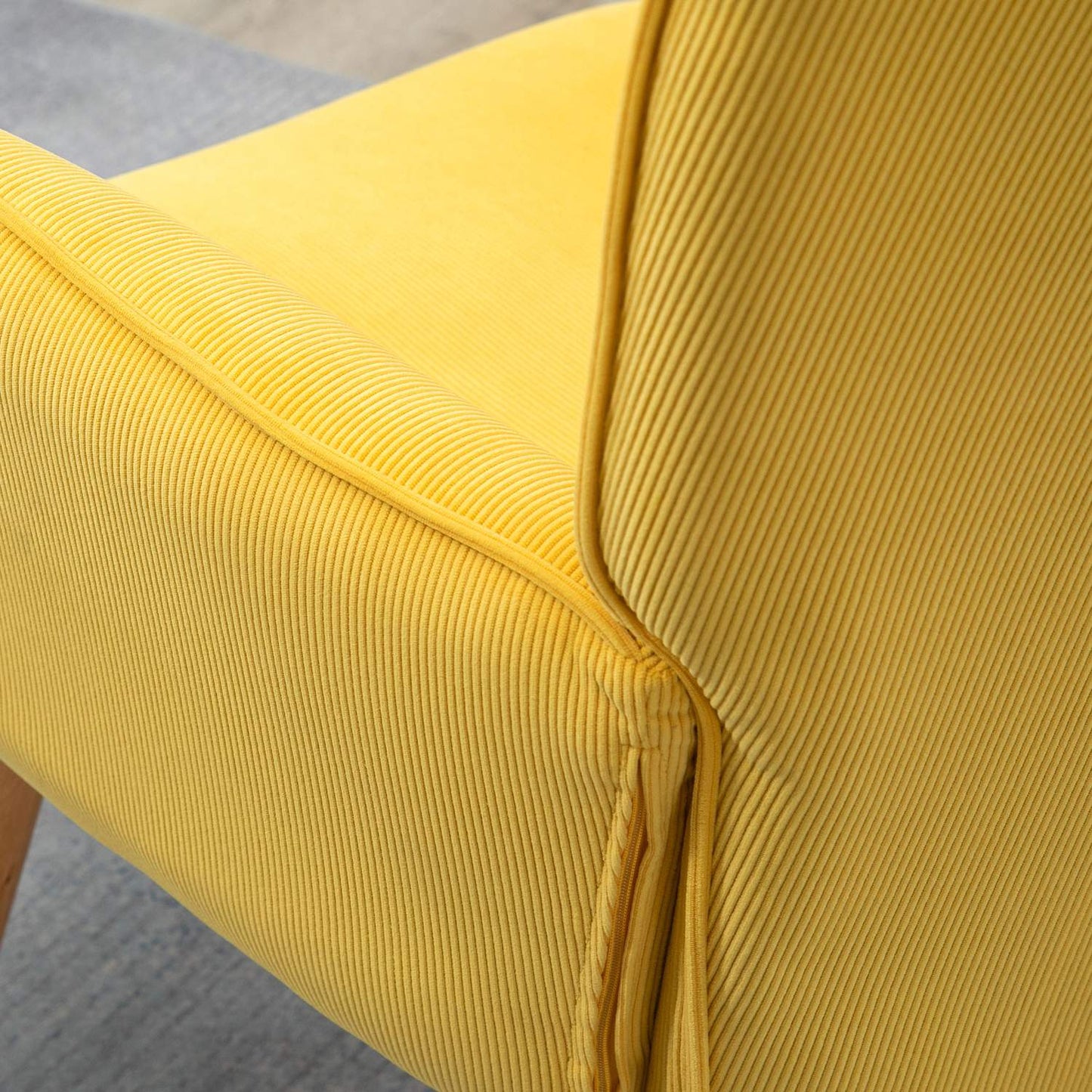 Yellow Corduroy Wing Chair with stool - Wooden Legs Armchair