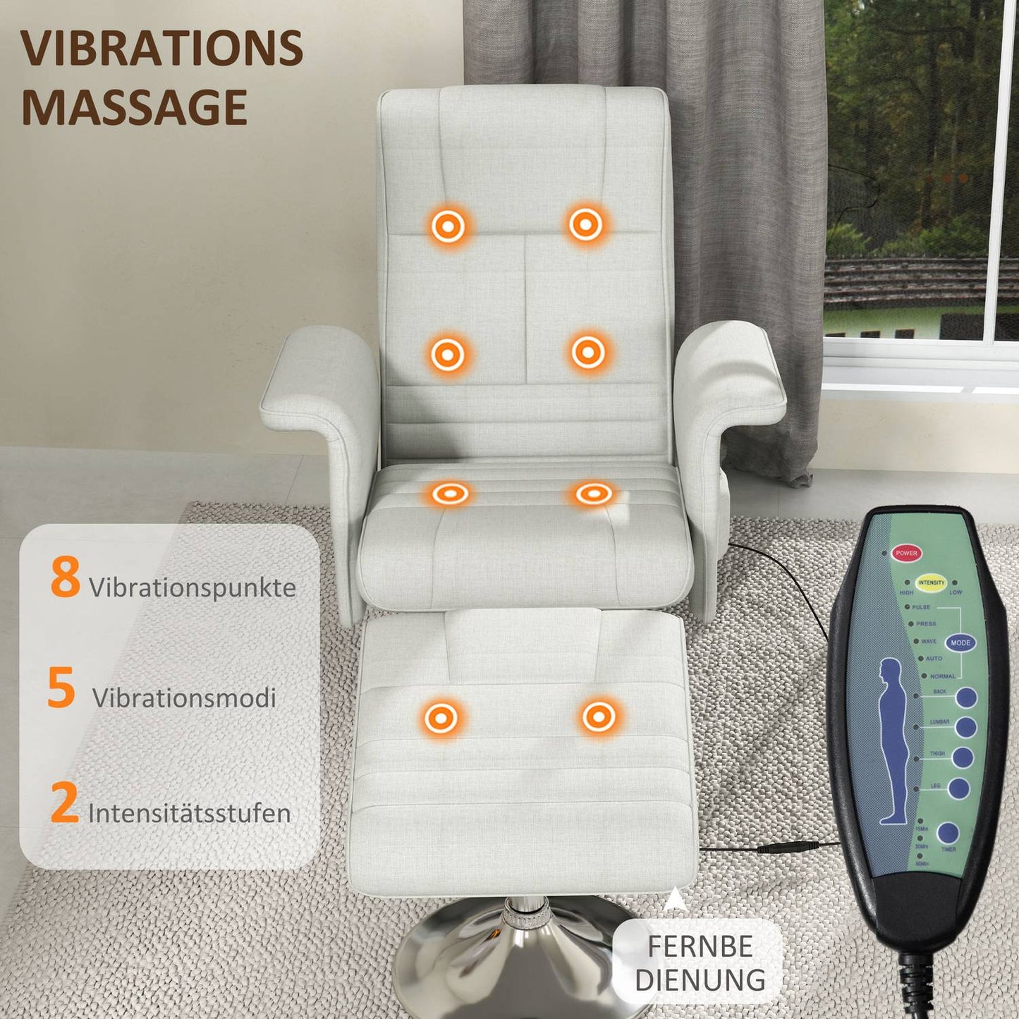 Cream-white reclining massage chair with footstool, 8-point vibration