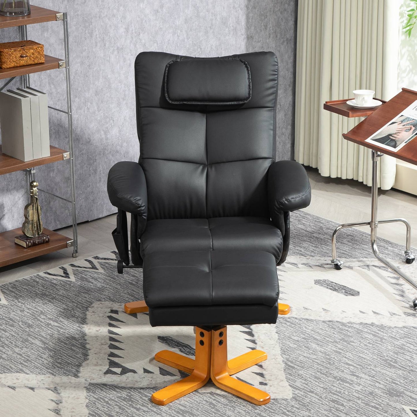 Reclining massage chair with footrest and storage, black leather