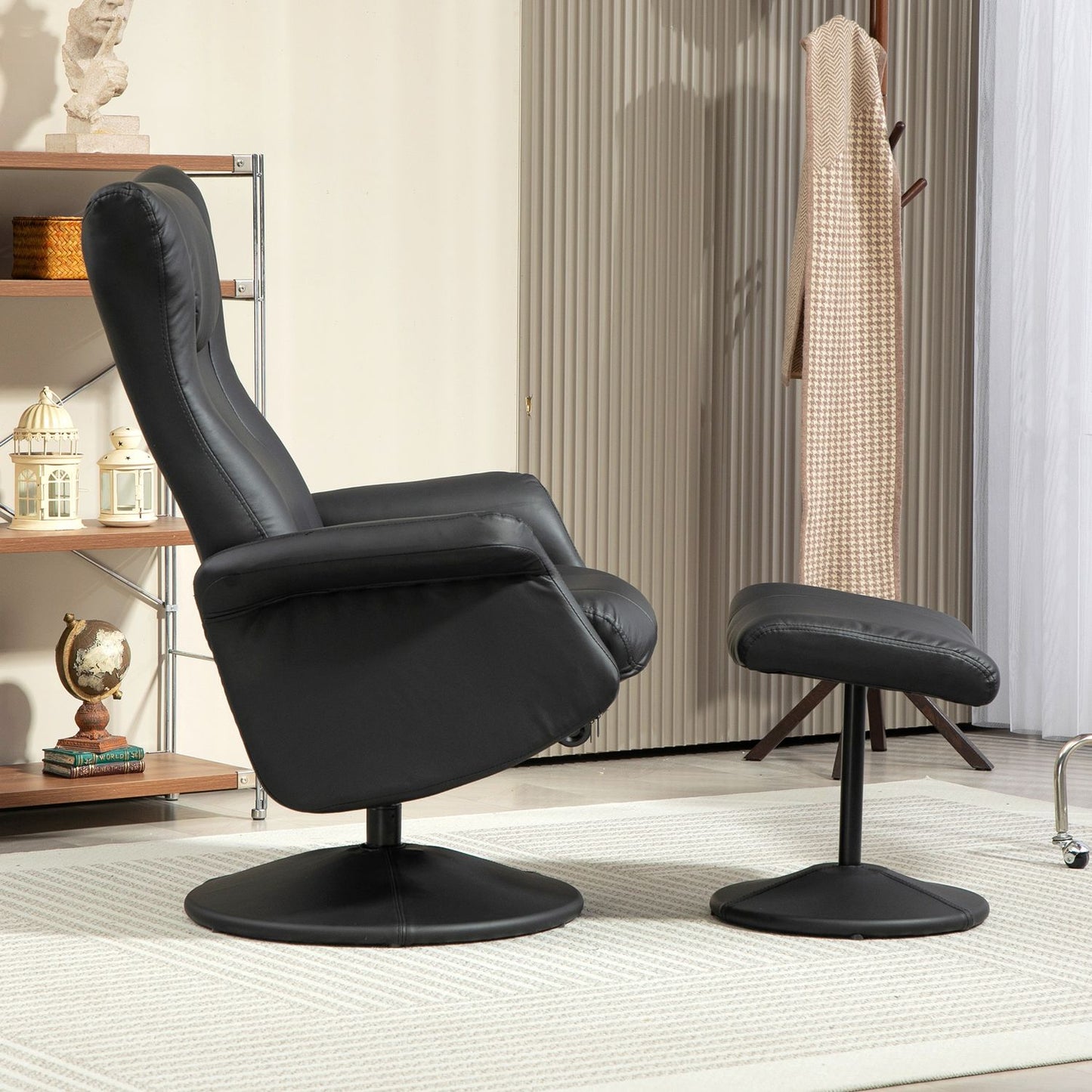 Lounger with stool & adjustable backrest, black artificial leather