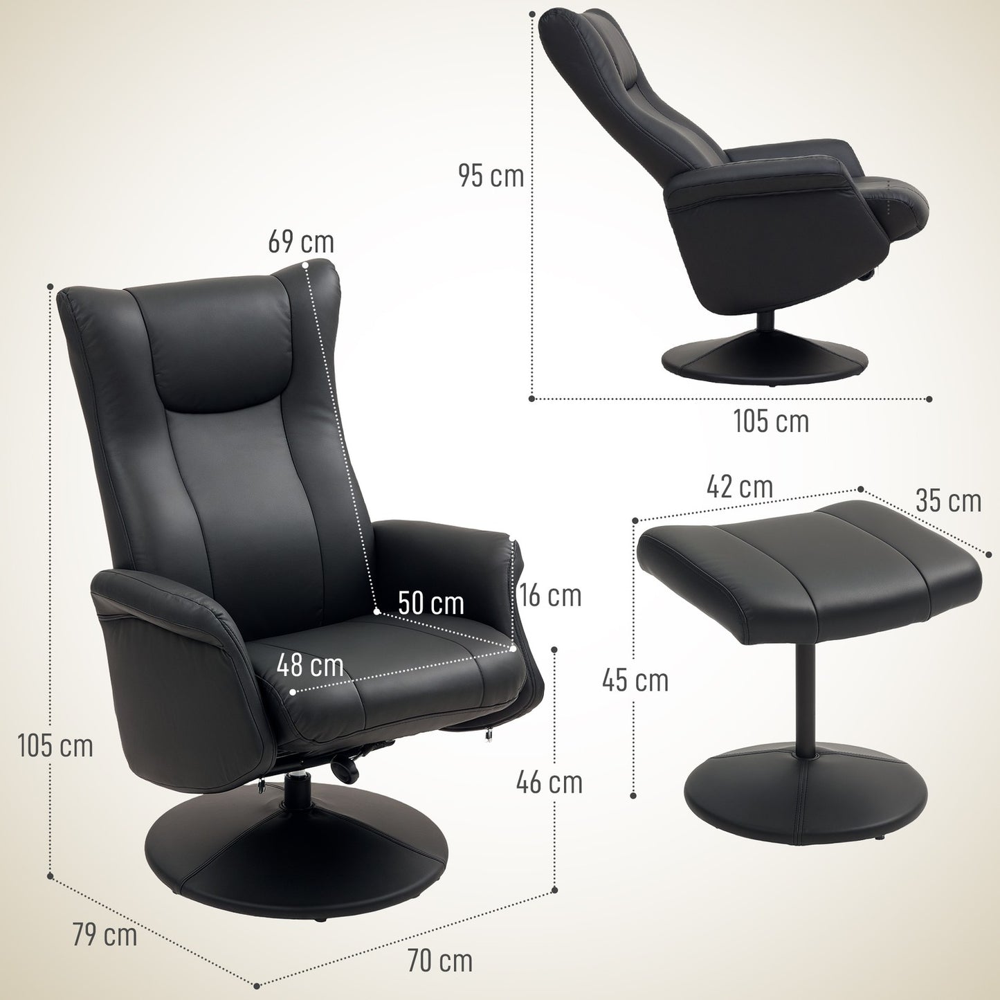 Lounger with stool & adjustable backrest, black artificial leather
