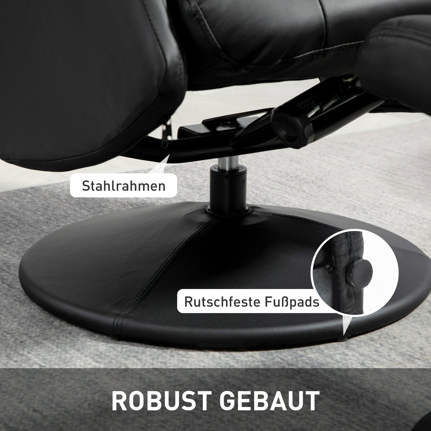Lounger with stool & adjustable backrest, black artificial leather
