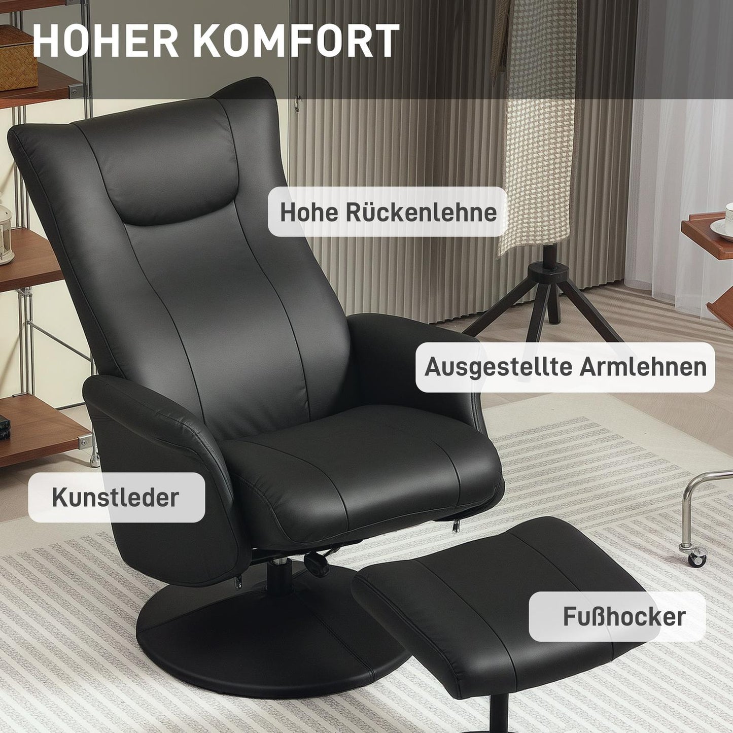 Lounger with stool & adjustable backrest, black artificial leather