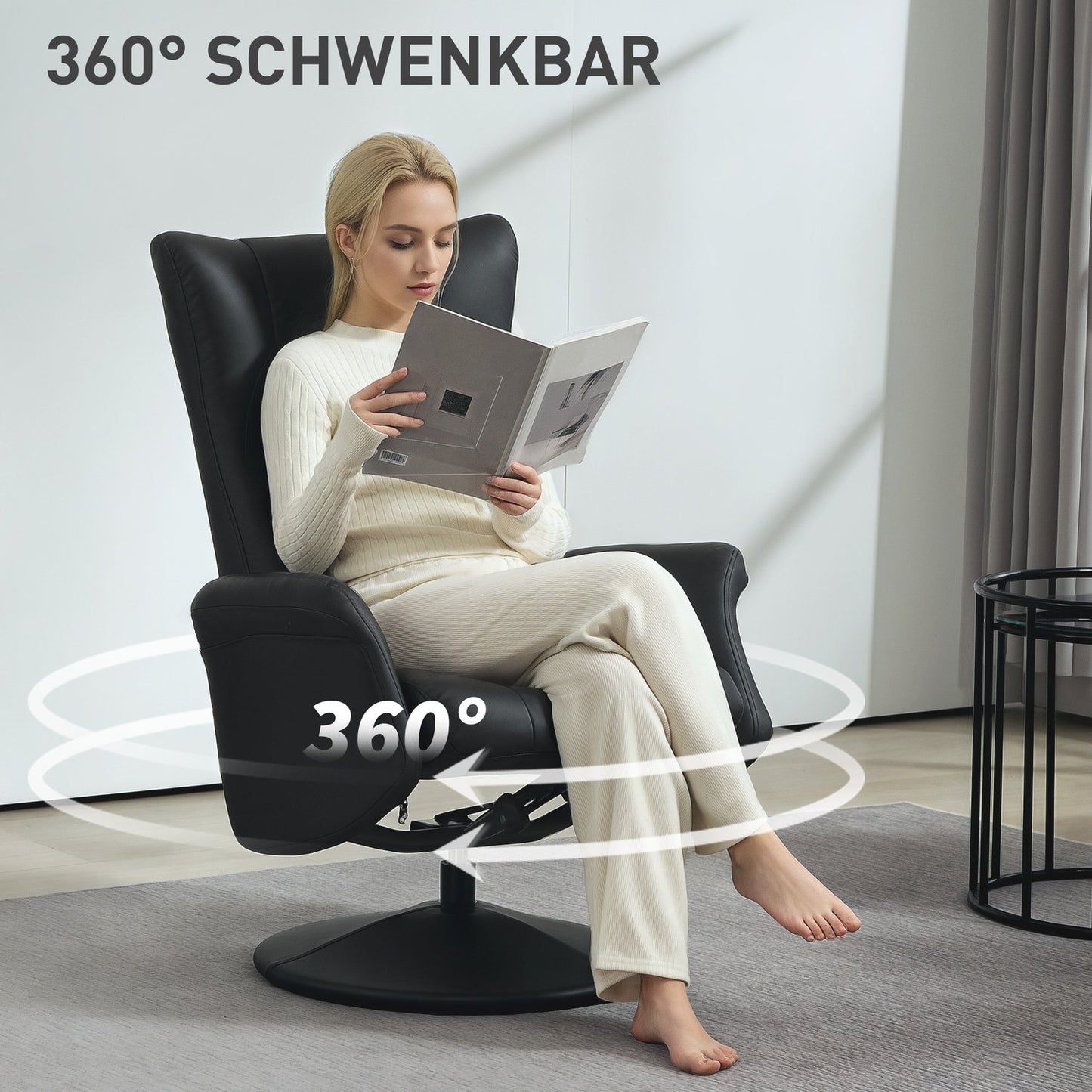 Lounger with stool & adjustable backrest, black artificial leather