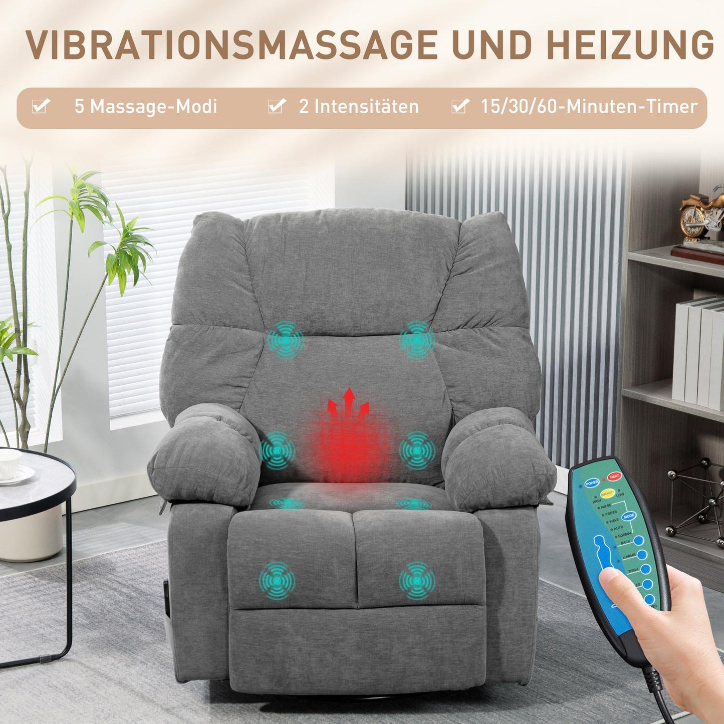 Relaxing chair with massage function, reclining function, rotating massage chair, 4 side pockets and remote control, dark grey