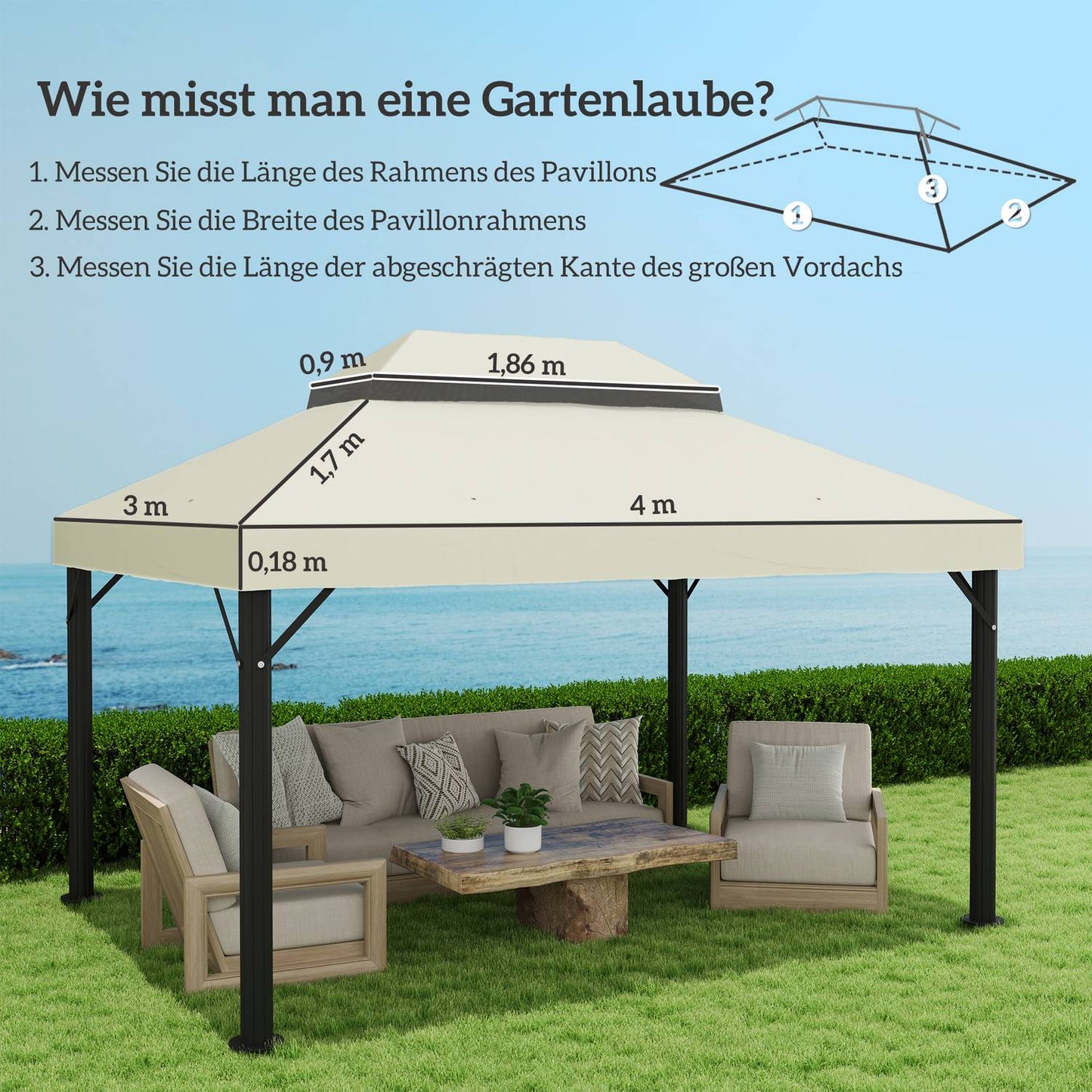 Waterproof Garden Gazebo Roof replacement 3 x 4 m, Cream white