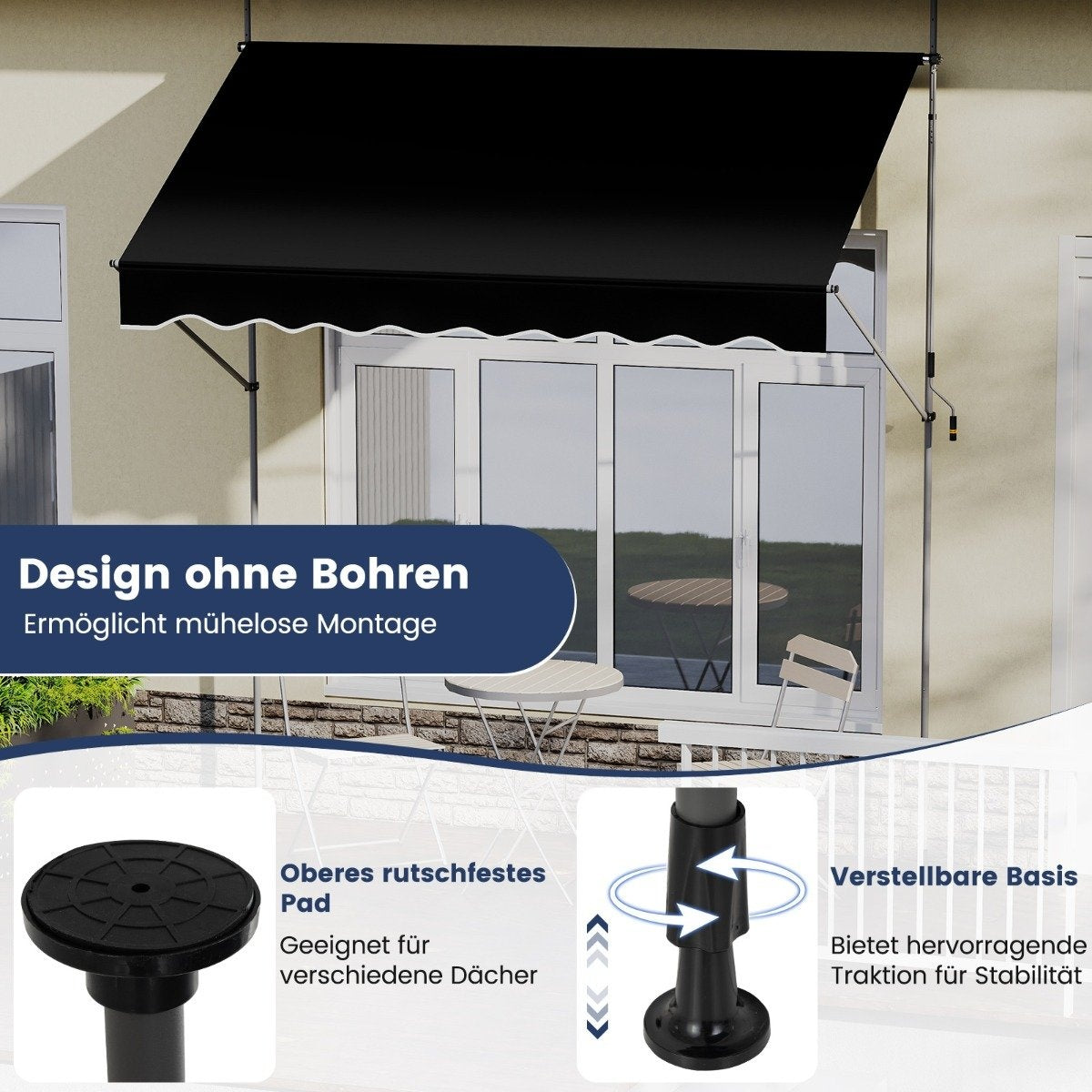 Retractable Awning, No-Drill, Adjustable Height, 300cm, Black