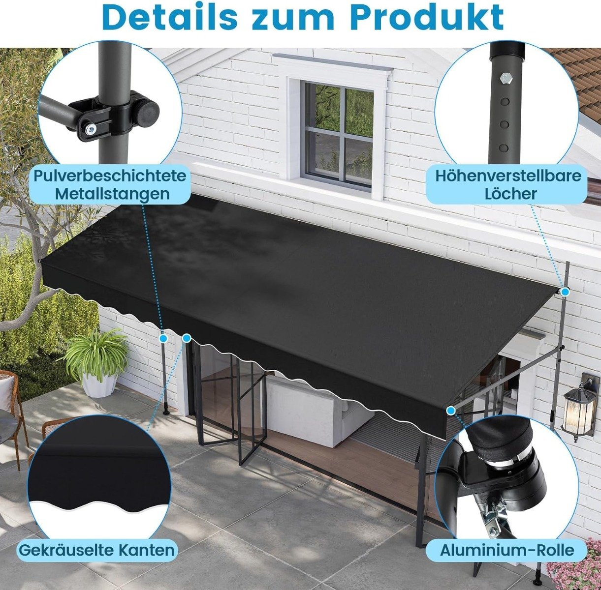 Retractable Balcony Awning, No-Drill, Adjustable Height, Black
