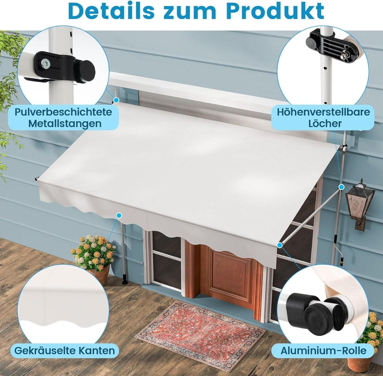 Retractable Balcony Awning, No-Drill, Adjustable Height, White