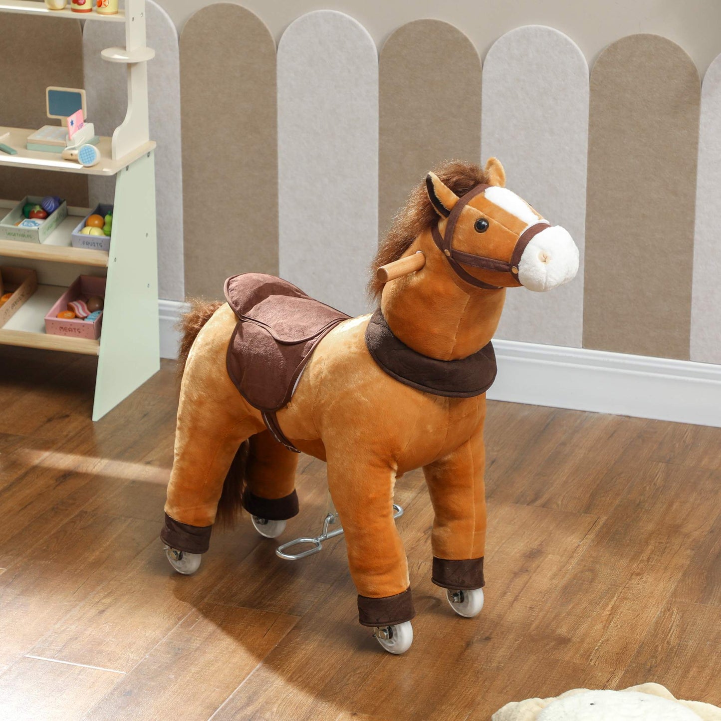 Ride-On Horse for Kids, Soft Fabric, Ages 3-5, Dark Brown