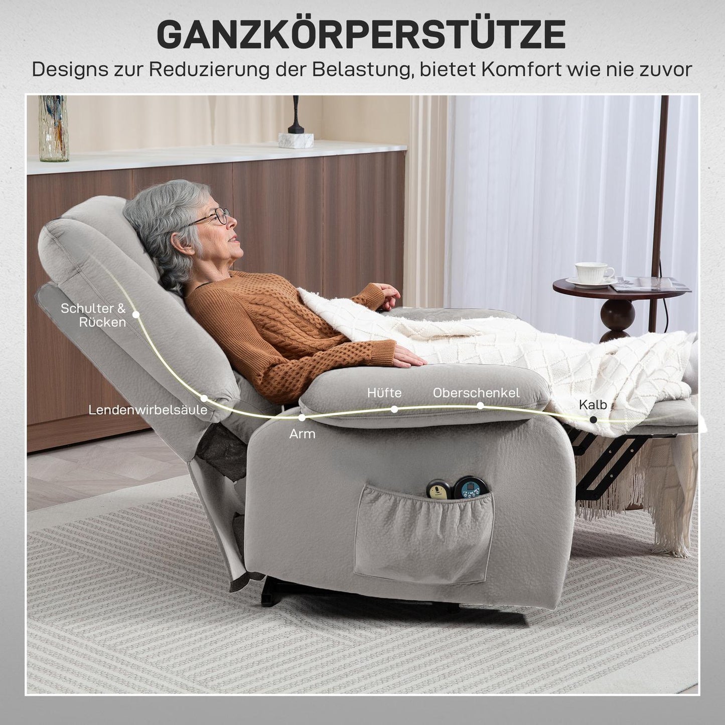 Riser chair with massage function, 90x93x110cm, light grey