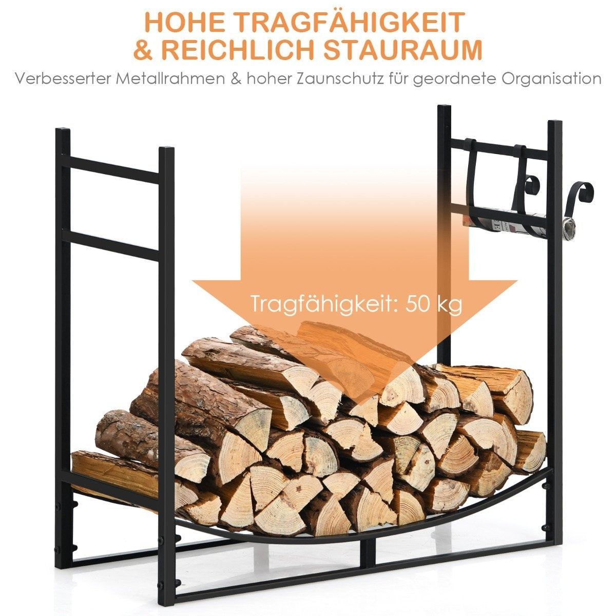 Robust fireplace shelf firewood rack with removable kindling holder 84 x 33 x 76 cm black