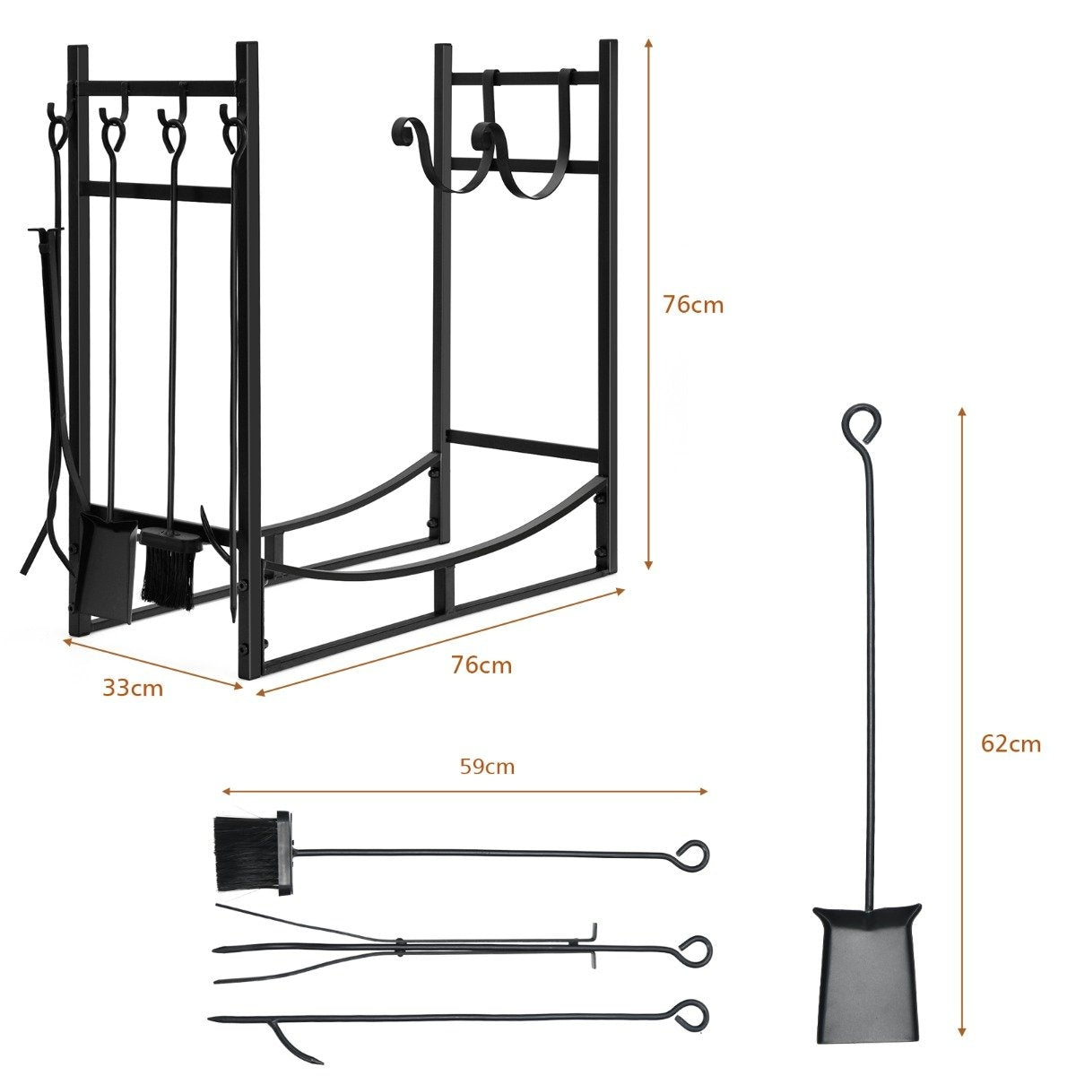 Robust metal firewood rack & tool set firewood holder with shovel 76x33x76cm black