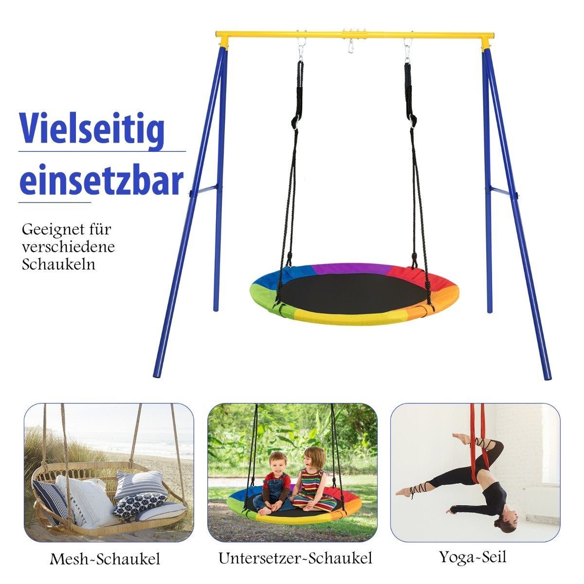 Robust metal swing frame A-frame garden swing frame 194 x 184 x 180 cm blue + yellow