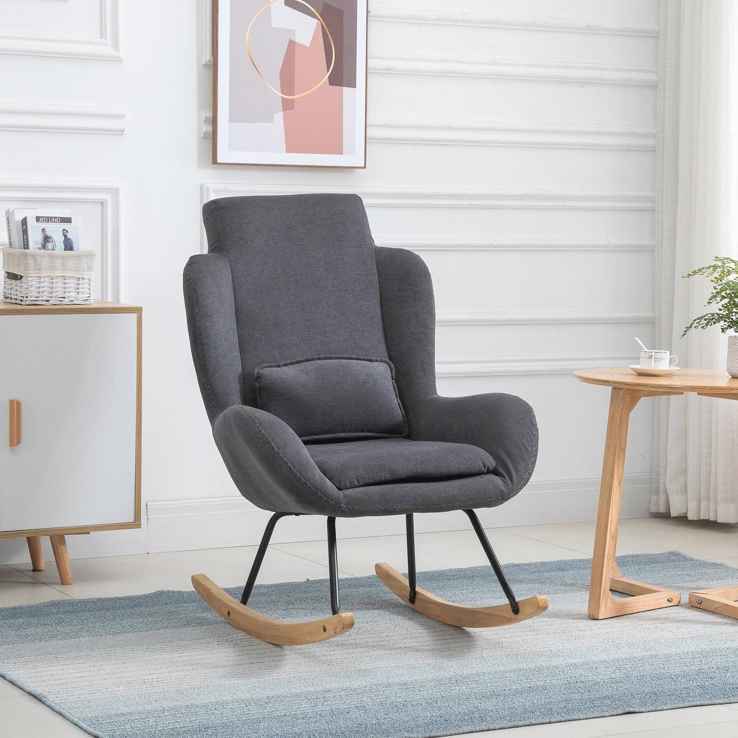 Dark gray rocking chair in linen - rubber wood, 90-135° tilt