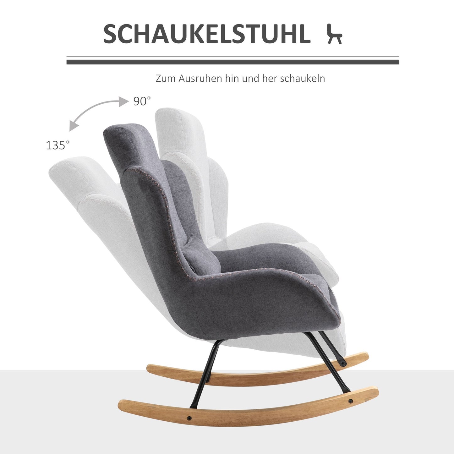 Dark gray rocking chair in linen - rubber wood, 90-135° tilt
