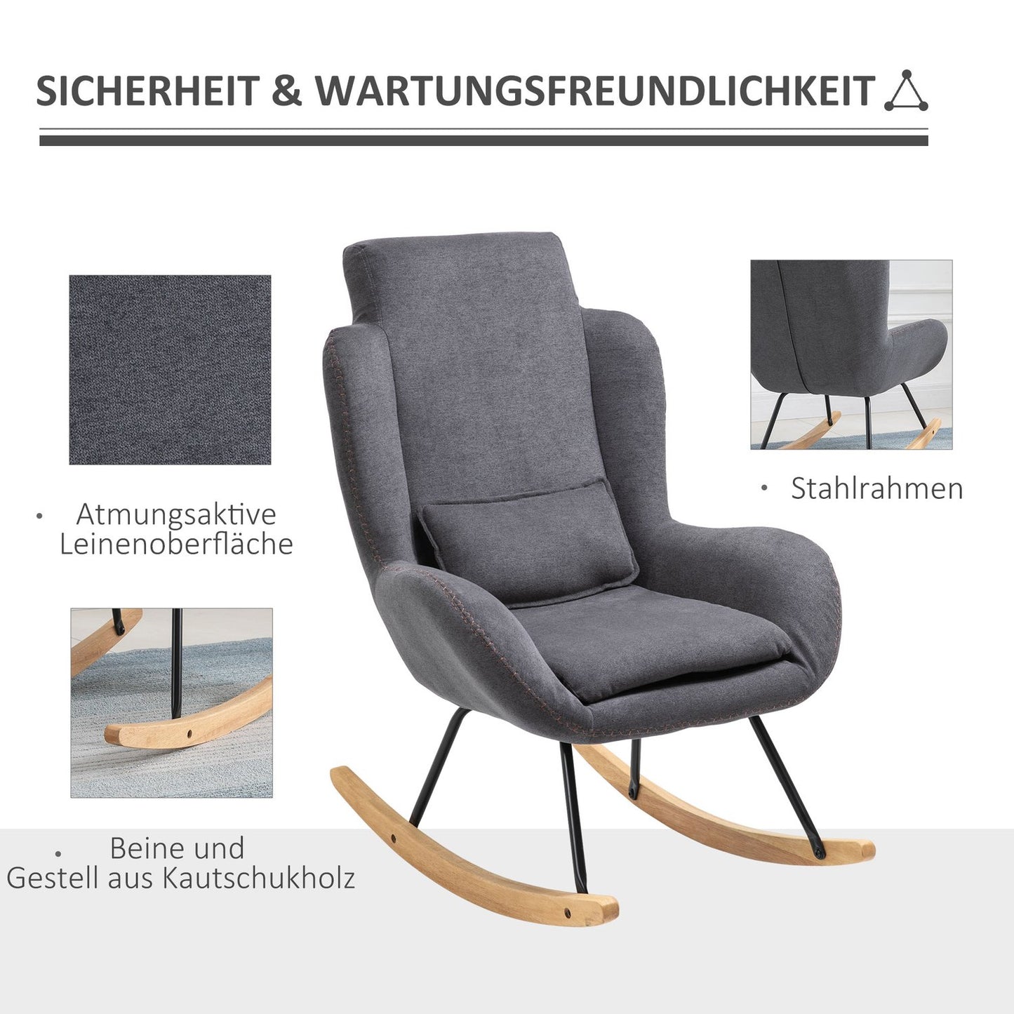 Dark gray rocking chair in linen - rubber wood, 90-135° tilt