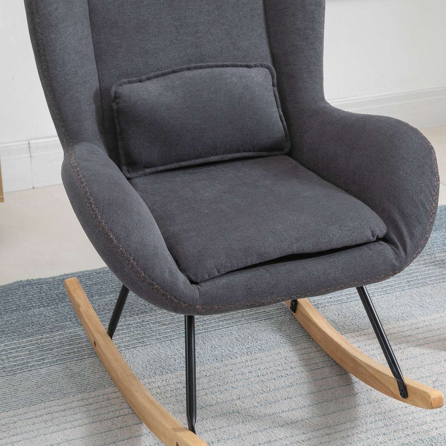 Dark gray rocking chair in linen - rubber wood, 90-135° tilt