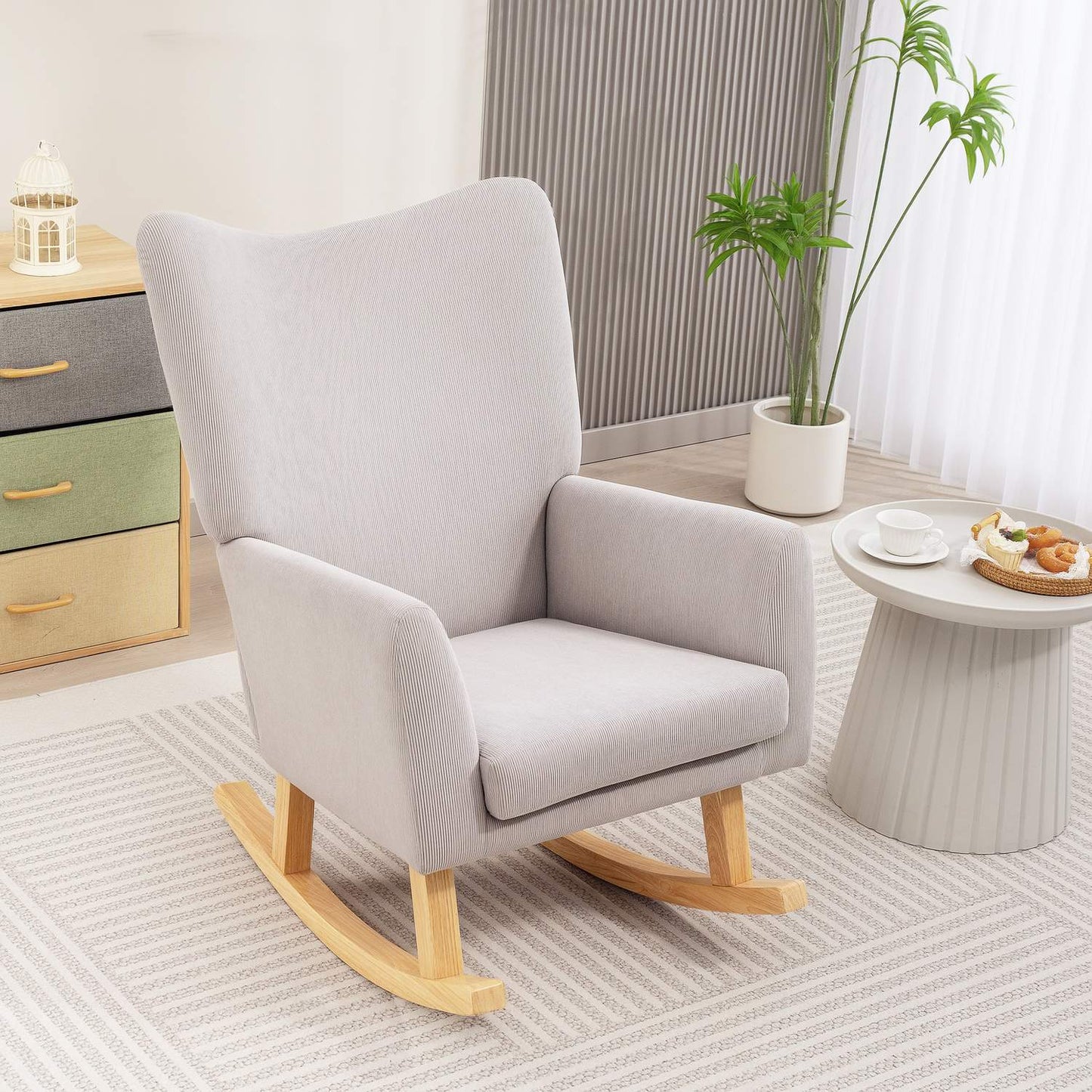 Rocking Chair, Retro Design, Corduroy, Rubberwood, Light Grey
