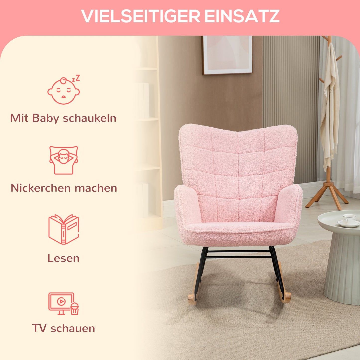 Pink rocking chair imitation lambskin - Holds up to 120 kg