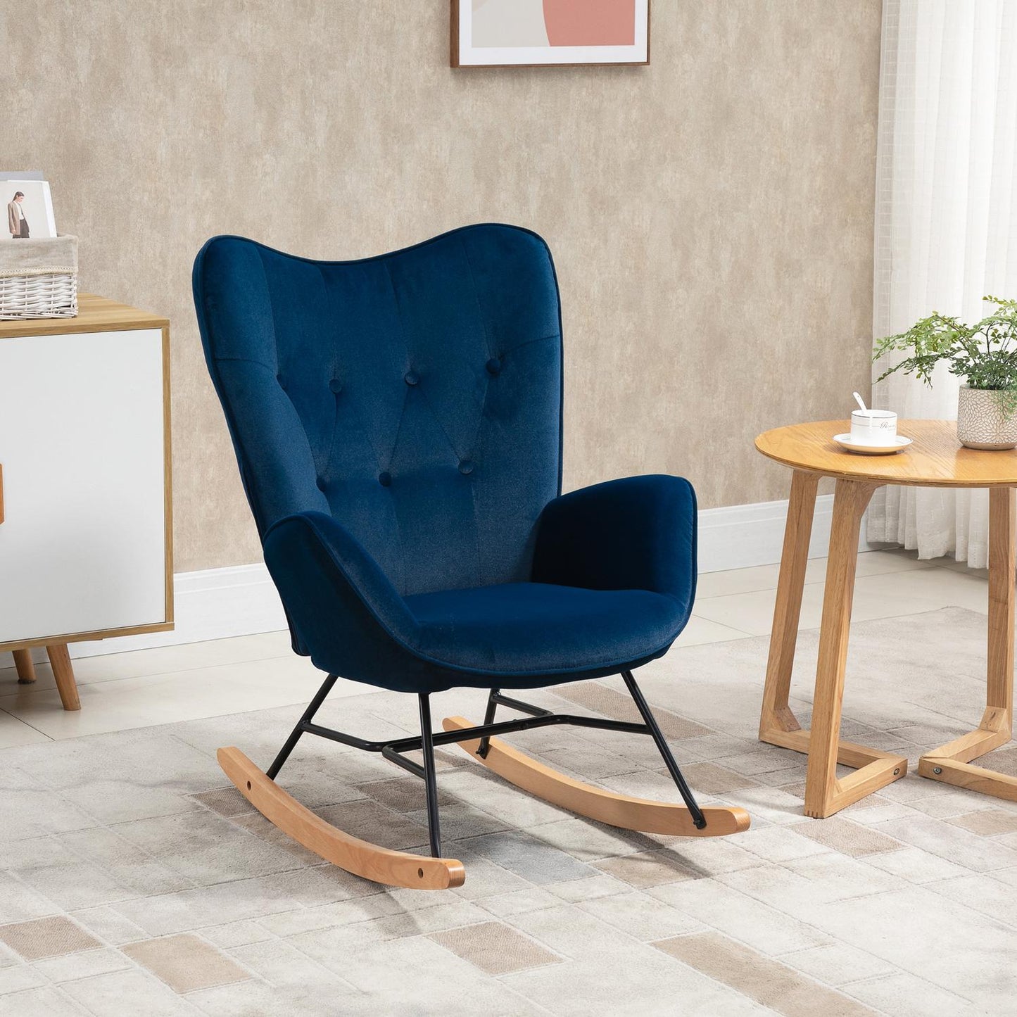 Blue Velvet rocking chair with armrests and high comfort padding