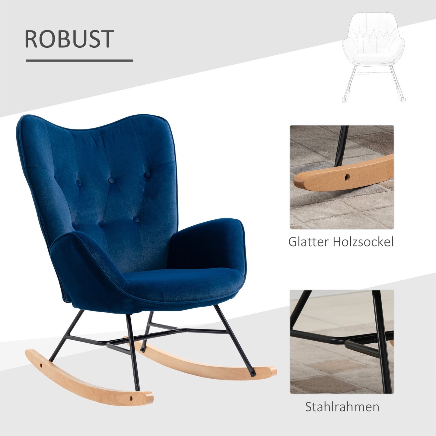 Blue Velvet rocking chair with armrests and high comfort padding