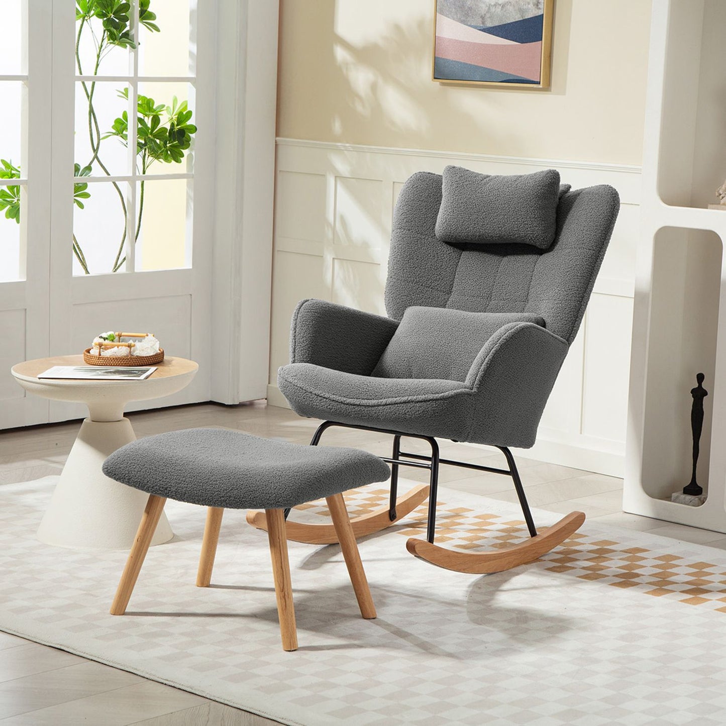 Rocking Chair with Ottoman, Fleece Cover, Wood Legs, Dark Gray