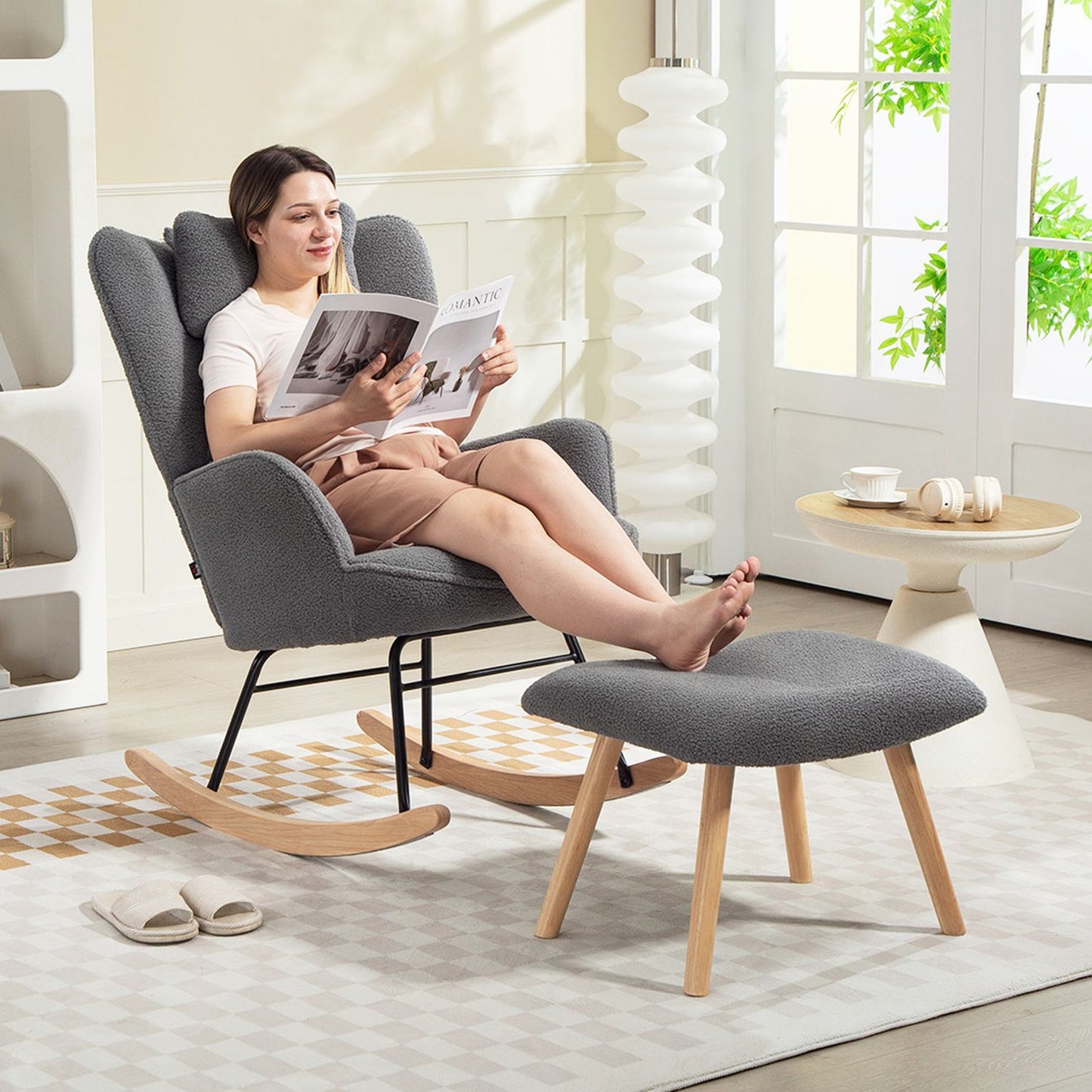 Rocking Chair with Ottoman, Fleece Cover, Wood Legs, Dark Gray
