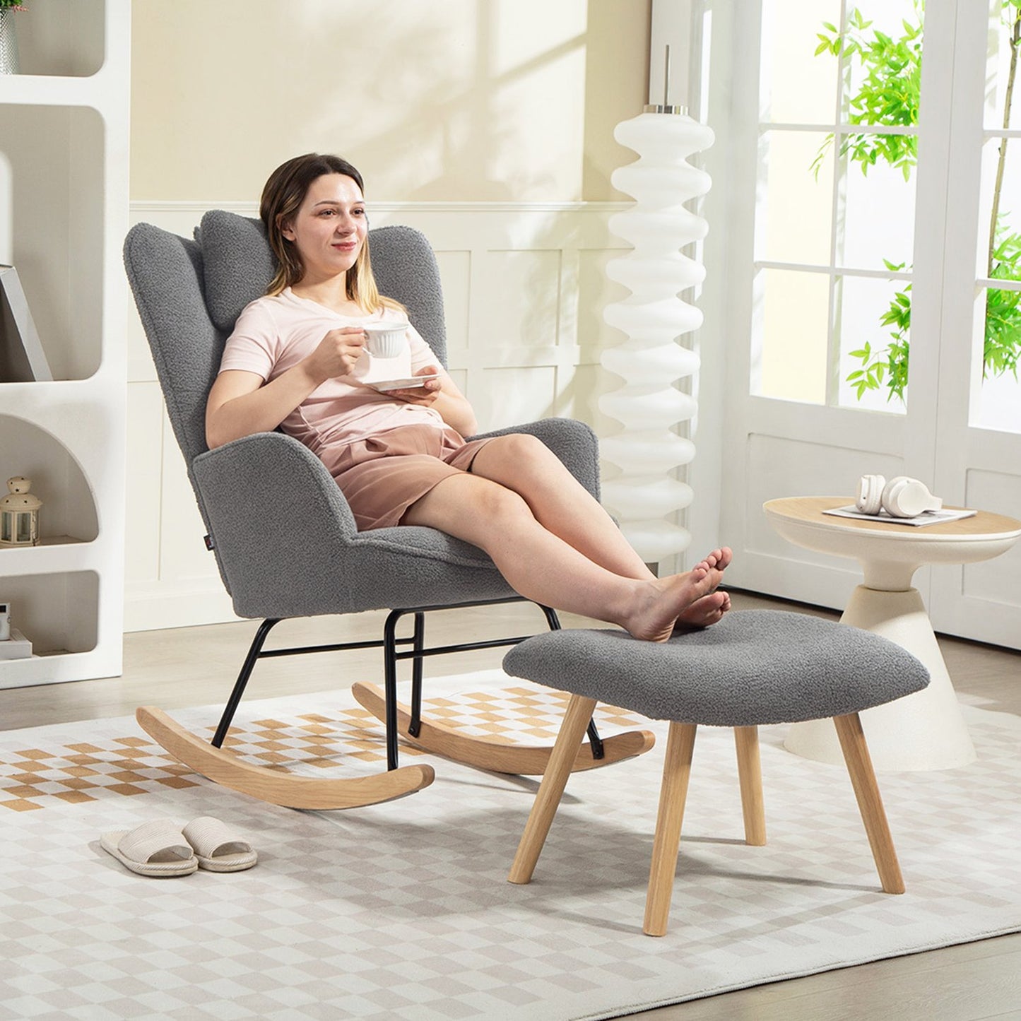 Rocking Chair with Ottoman, Fleece Cover, Wood Legs, Dark Gray