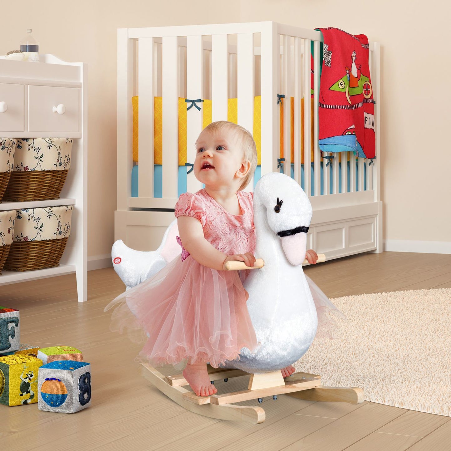Pink and white rocking horse for children - Soft plush, 60x32x55 cm