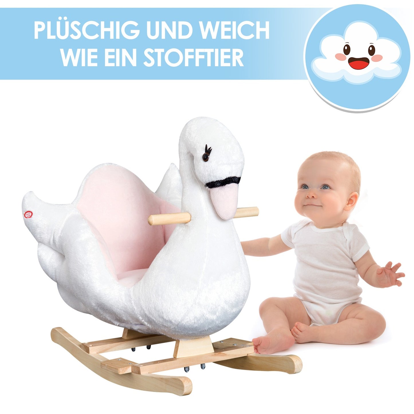 Pink and white rocking horse for children - Soft plush, 60x32x55 cm
