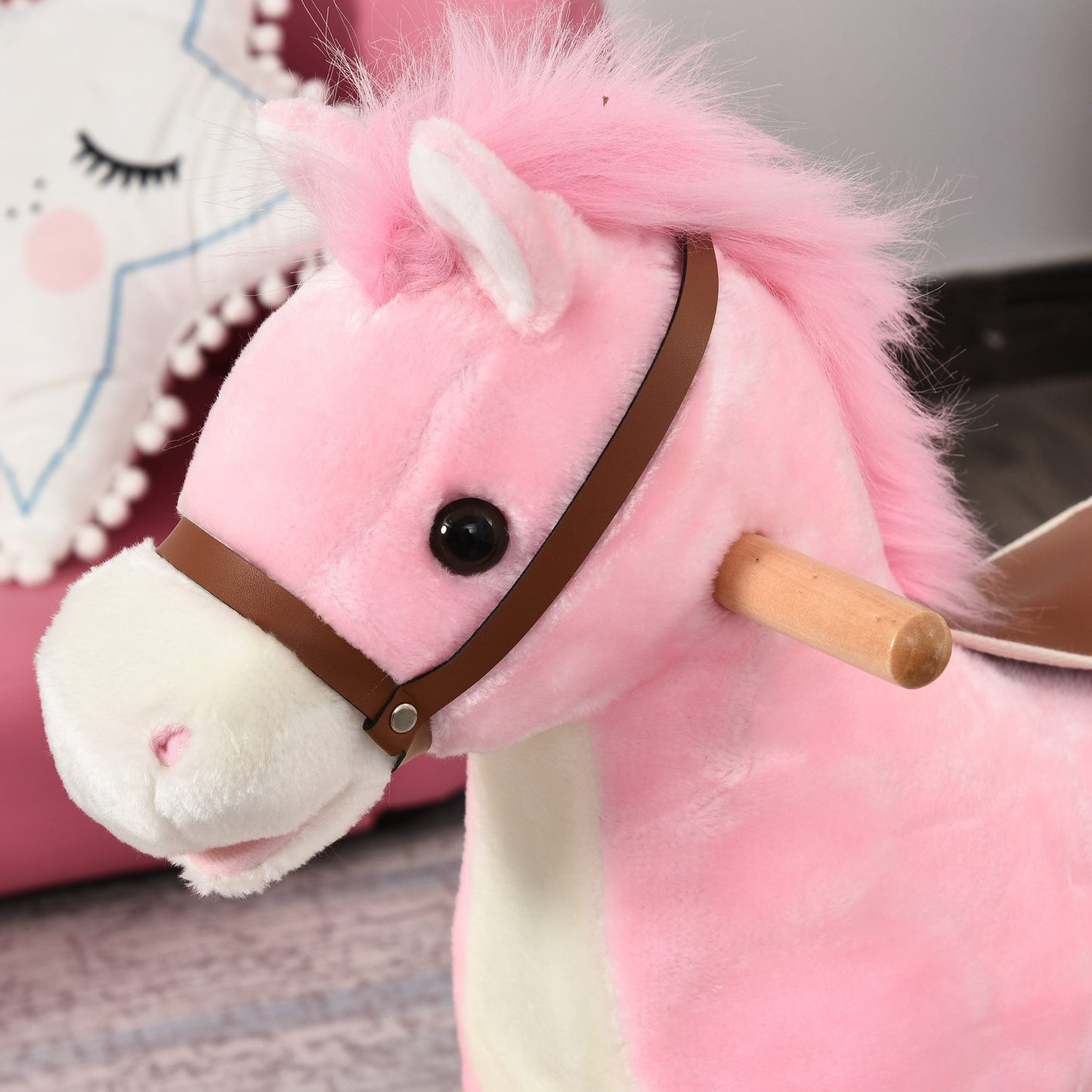 Pink plush rocking horse toy with sound, ages 3-6, 65 cm