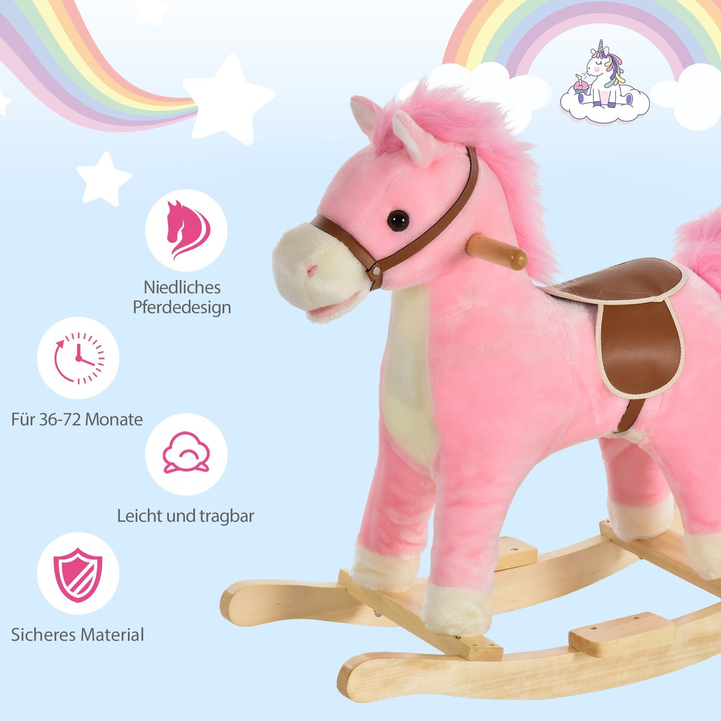 Pink plush rocking horse toy with sound, ages 3-6, 65 cm