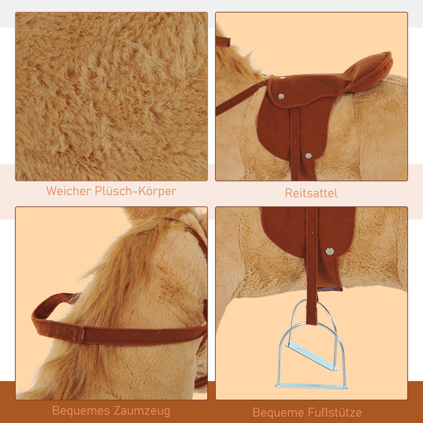 Plush rocking horse with sound for children, Beige, 85 cm