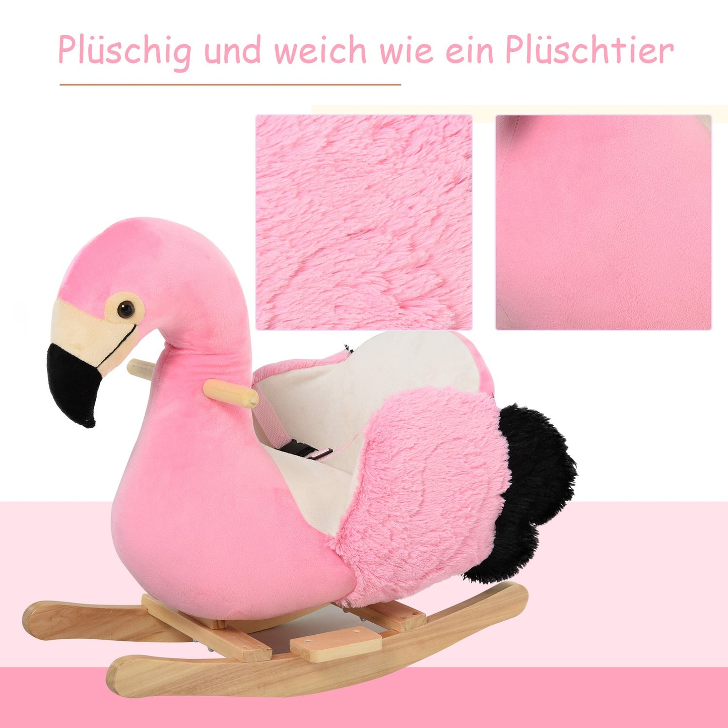 Flamingo rocking horse toy, plush with safety belt, 60 cm